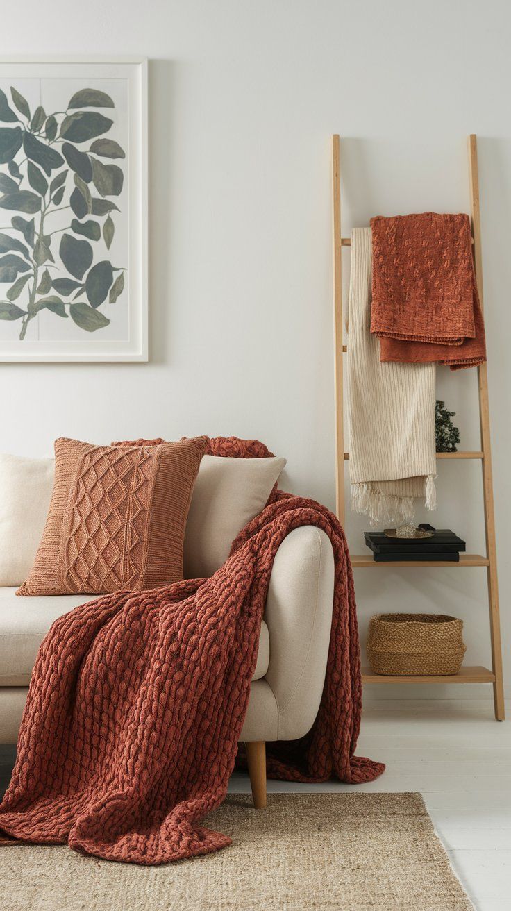 Layered throw blankets in earthy textures enhancing warmth in rustic living space