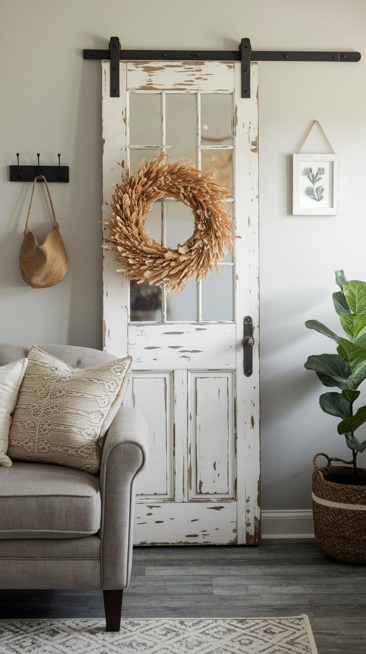 Repurposed vintage door used as rustic wall decor in cozy living room