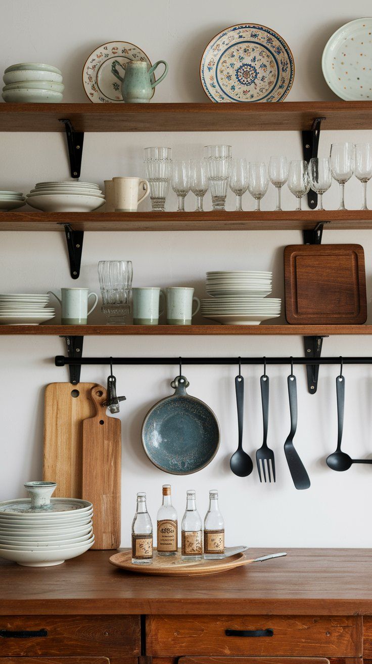 Open kitchen shelving displaying vintage dishware for rustic farmhouse charm