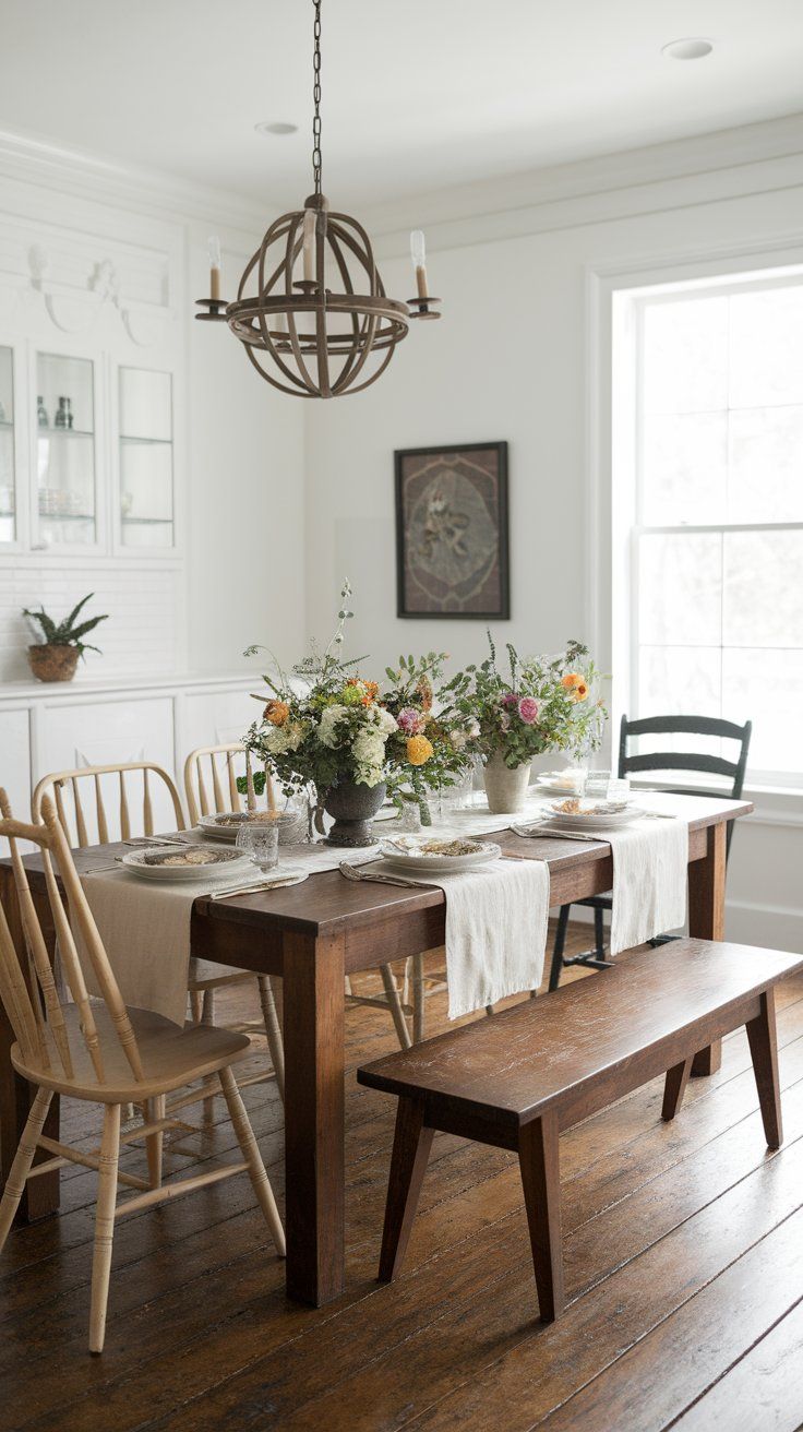 Rustic farmhouse table with eclectic seating for vintage-inspired dining room