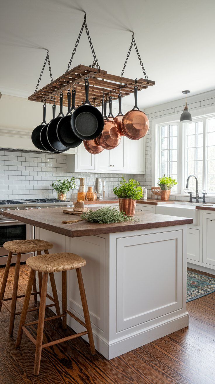Hanging pot rack with vintage cookware adding visual warmth to rustic kitchen