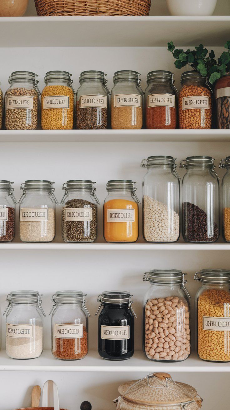 Glass jar pantry storage with vintage-style labels for organized rustic kitchen