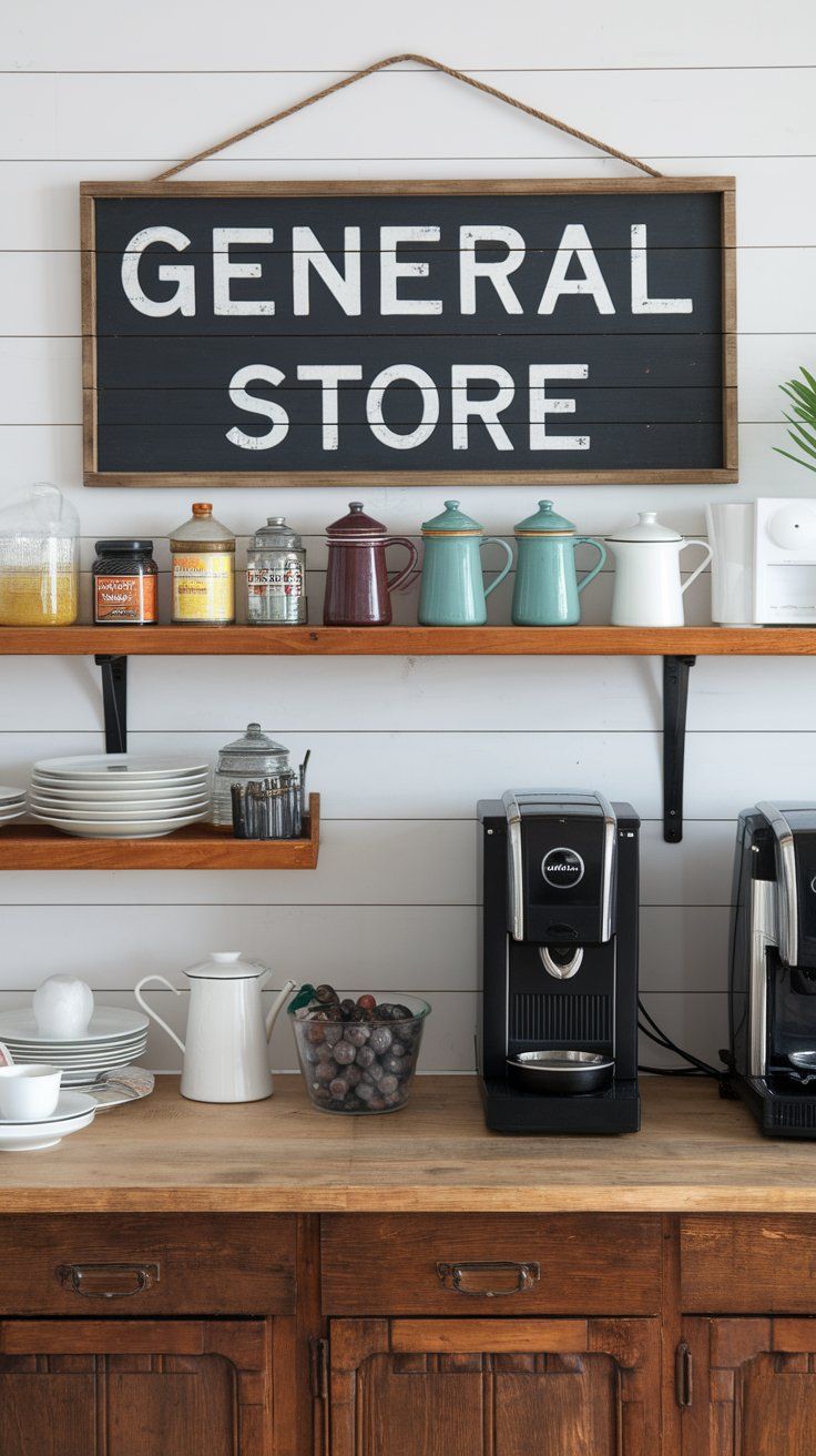 Vintage signage adding nostalgic personality to rustic kitchen decor