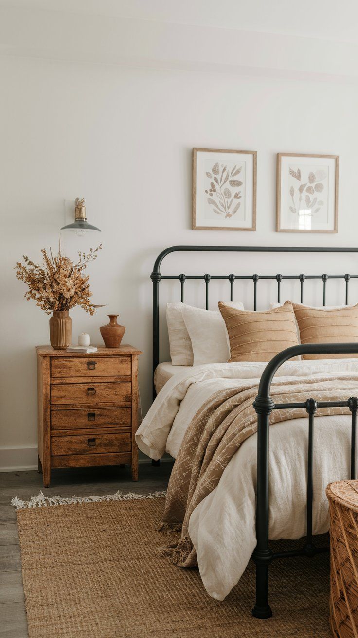Wrought iron headboard adding structure and romance to vintage rustic bedroom