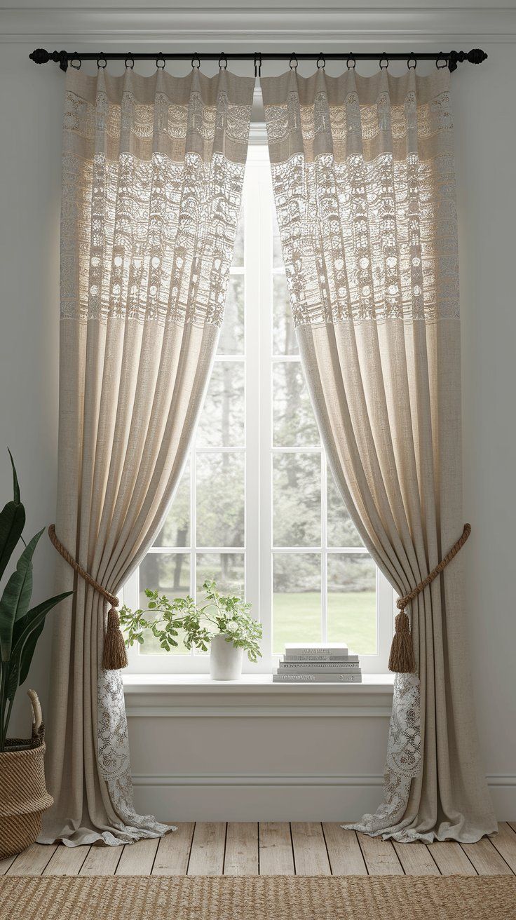 Lace and linen curtains filtering soft light in rustic vintage bedroom
