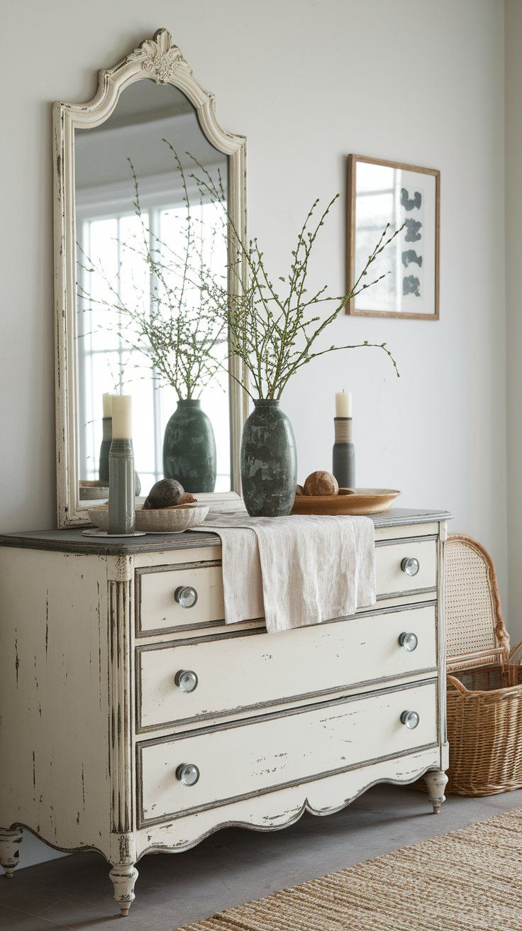 Antique dresser adding timeless storage and charm to rustic bedroom