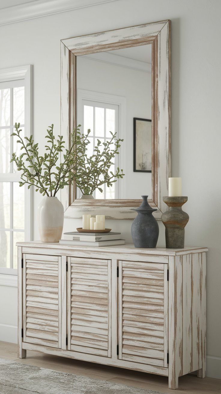 Rustic mirror with patina frame reflecting light and character in vintage home