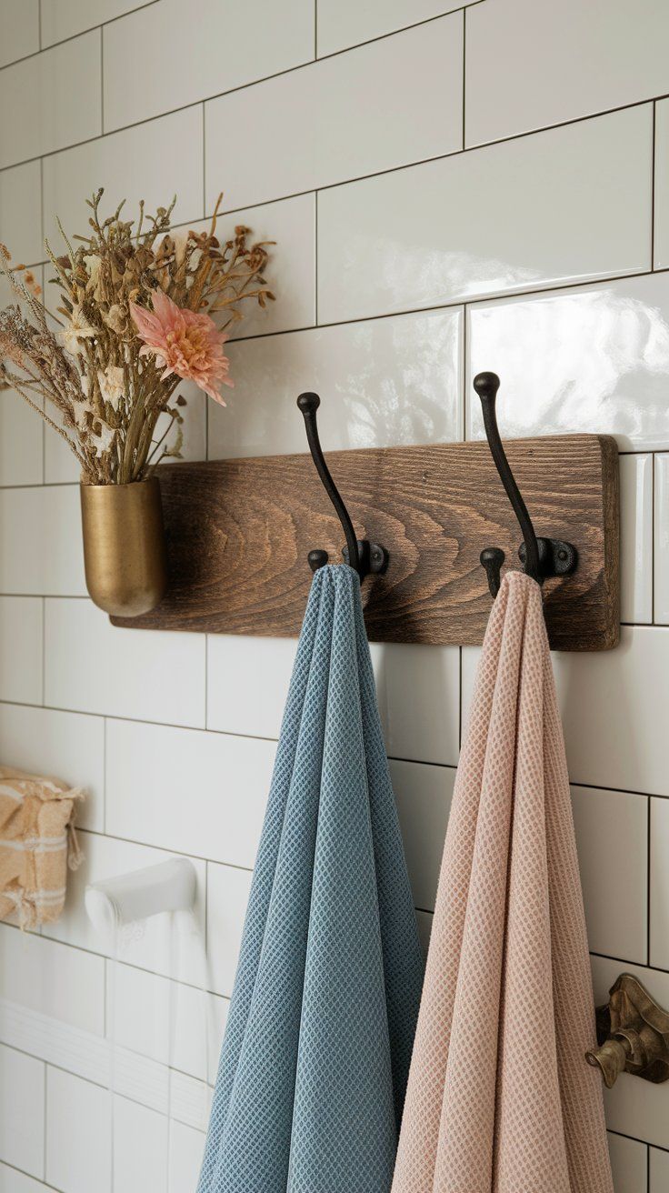 Vintage hooks and racks adding functional charm to rustic bathroom decor