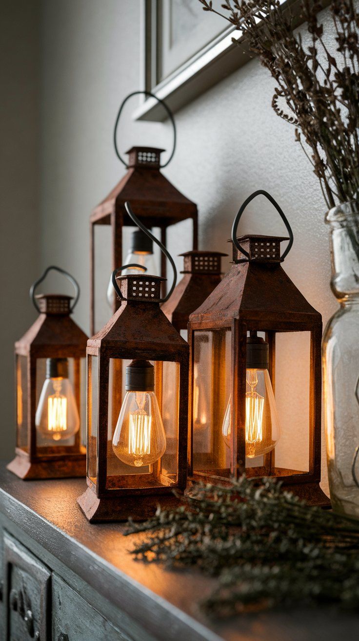 Rustic lighting with lanterns and mason jars creating warm vintage ambiance
