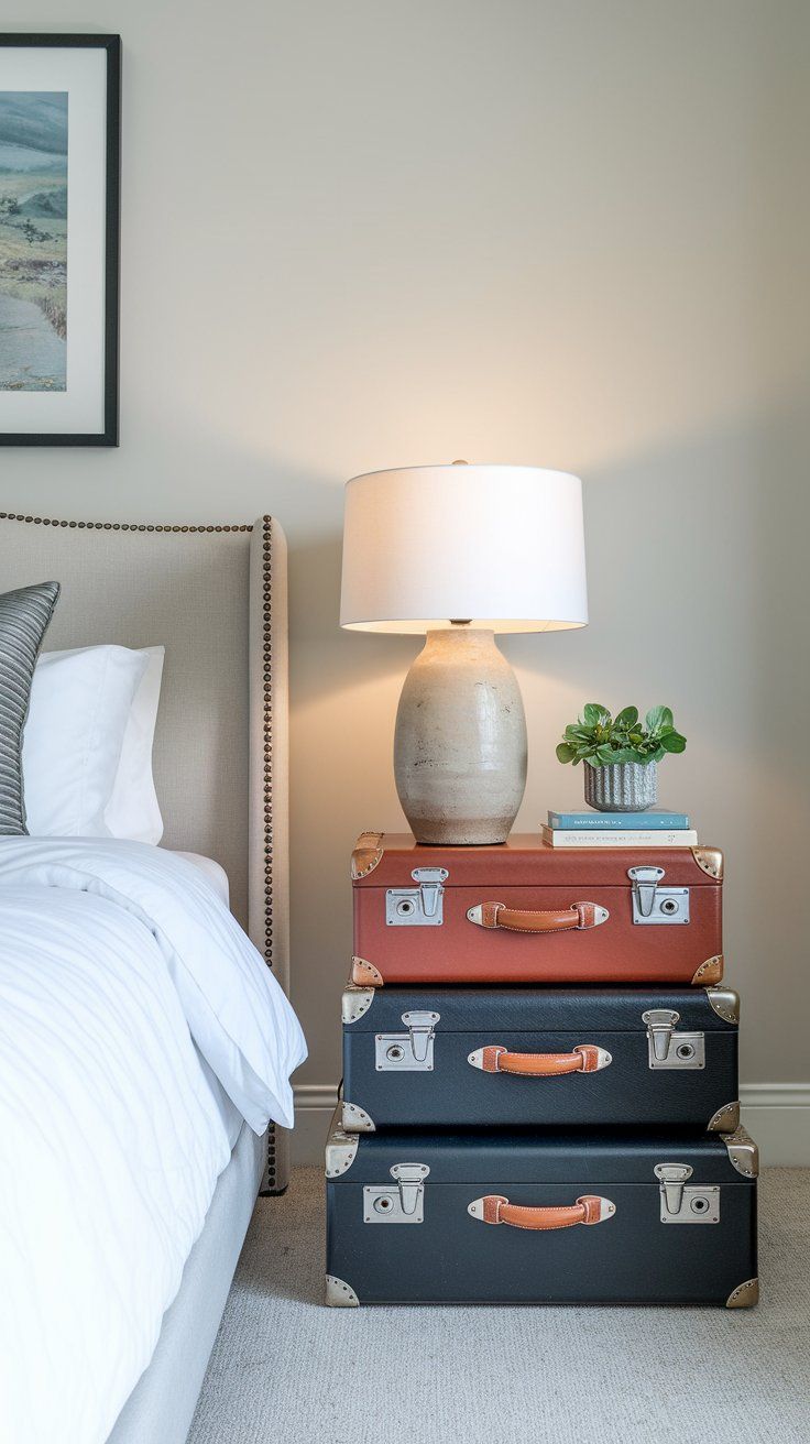 Vintage suitcases repurposed as stylish storage and side tables in rustic bedroom