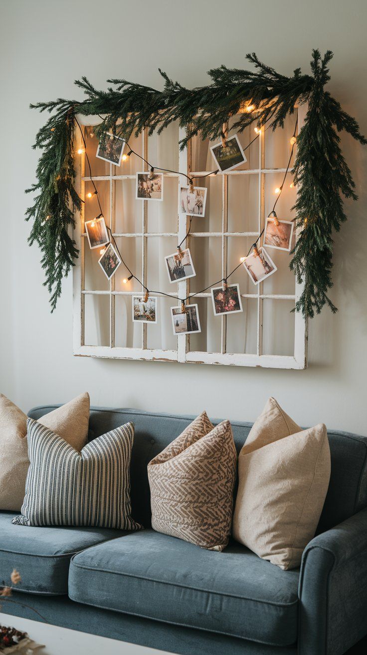 Salvaged window frame repurposed as rustic wall decor in cozy living room