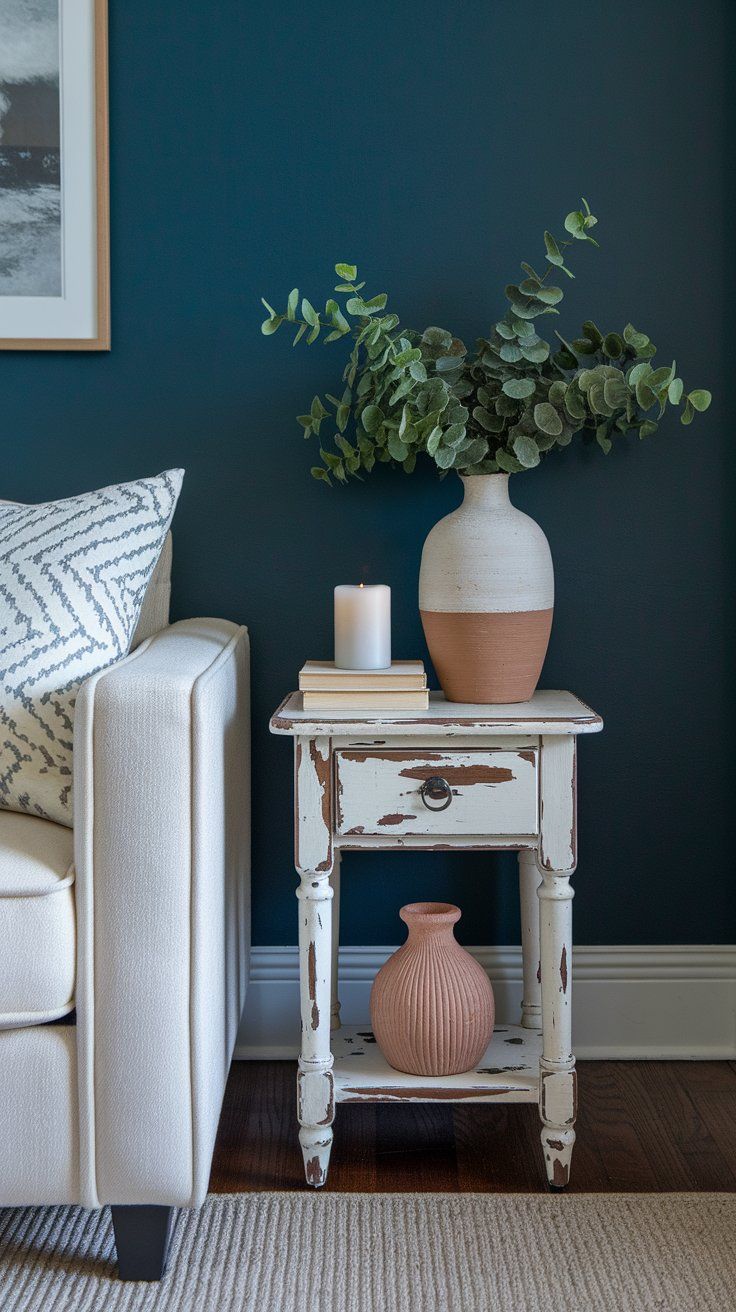 DIY chippy-painted furniture adding aged texture to vintage rustic interior