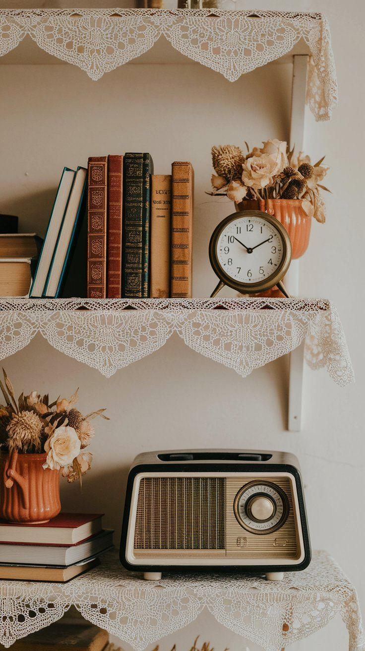 Vintage accessories styled on shelf for layered and nostalgic rustic decor