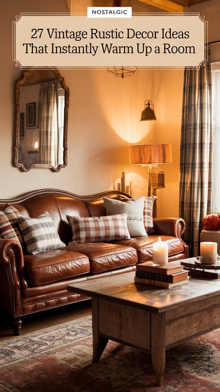 A cozy vintage rustic living room with a worn leather sofa, plaid throw pillows, a distressed wood coffee table stacked with books and candles, and warm lighting from a retro lamp. Earth-toned textures, a patterned area rug, and antique details add nostalgic charm and inviting warmth to the space.