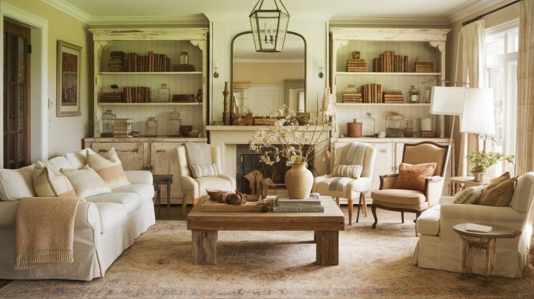 A warm and inviting vintage rustic living room featuring slipcovered sofas, a reclaimed wood coffee table, antique armchairs, and built-in shelves styled with old books and glass jars. Neutral tones, distressed finishes, and layered textures create a cozy, curated space with timeless farmhouse charm.