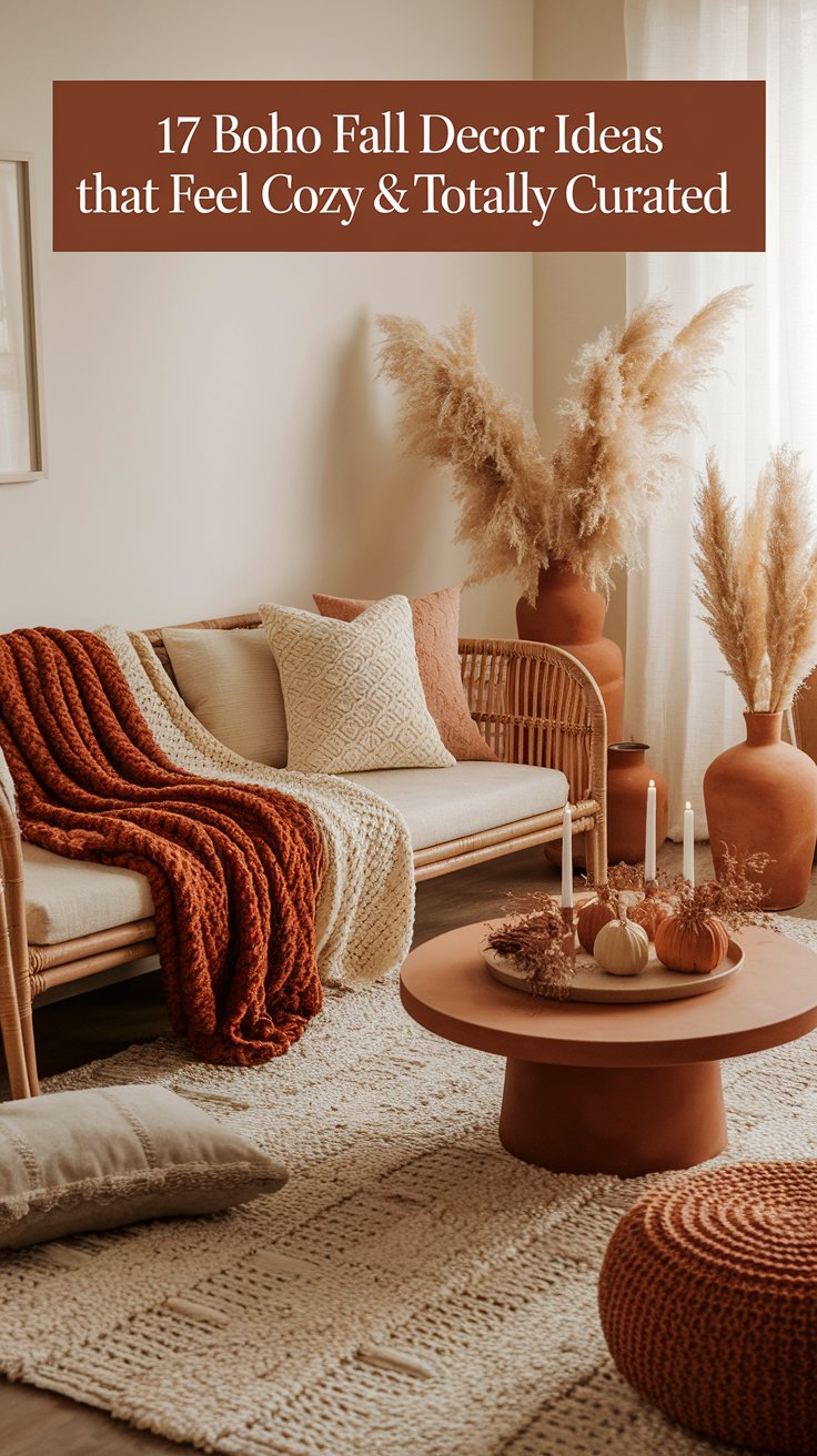 A cozy boho living room decorated for fall with a rattan sofa, chunky knit blankets, textured pillows, and neutral rugs. The space features pampas grass in terracotta vases, a round coffee table with mini pumpkins and candles, and warm earthy tones, with a text overlay that reads, "17 Boho Fall Decor Ideas that Feel Cozy & Totally Curated."