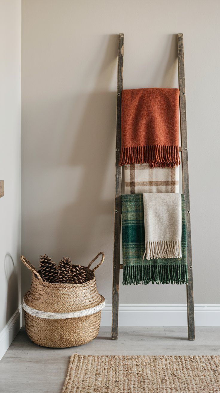 Rustic blanket ladder styled with wool throws and autumn textures in cozy cabin corner