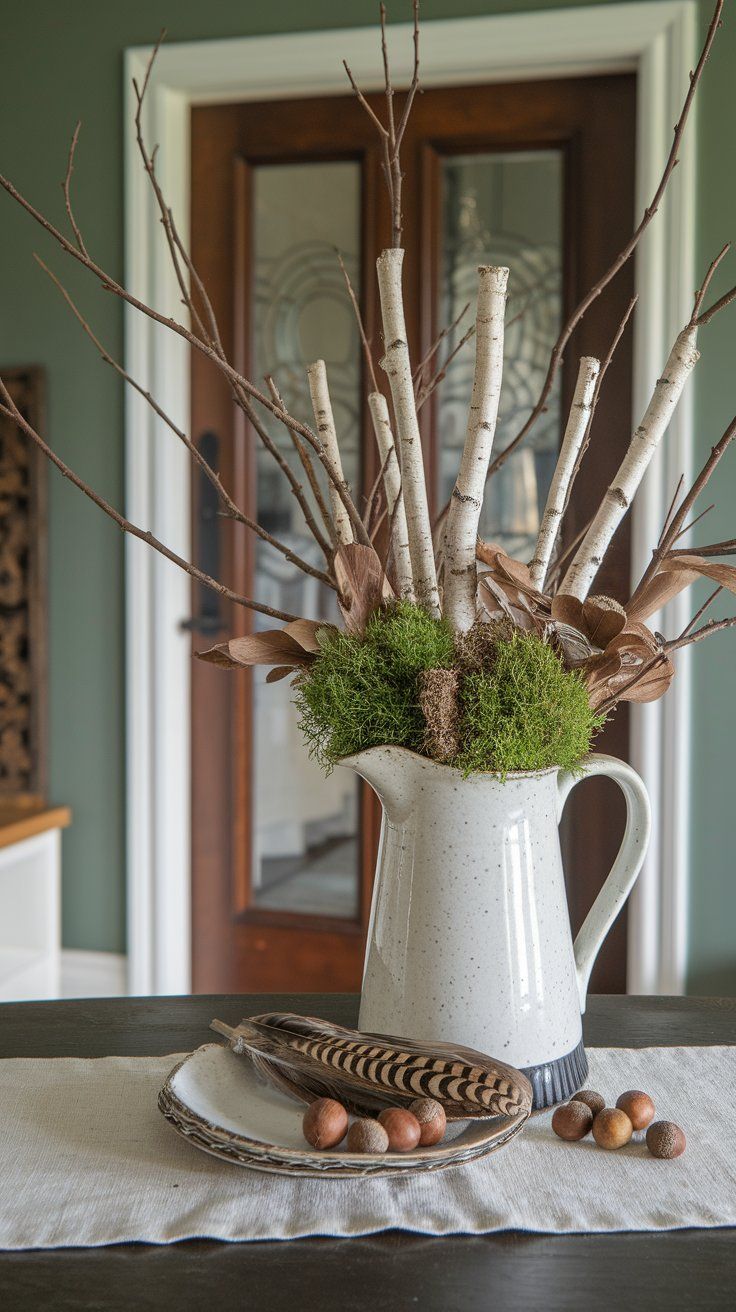 Foraged forest decor in ceramic vessel with moss and twigs for earthy fall entryway styling