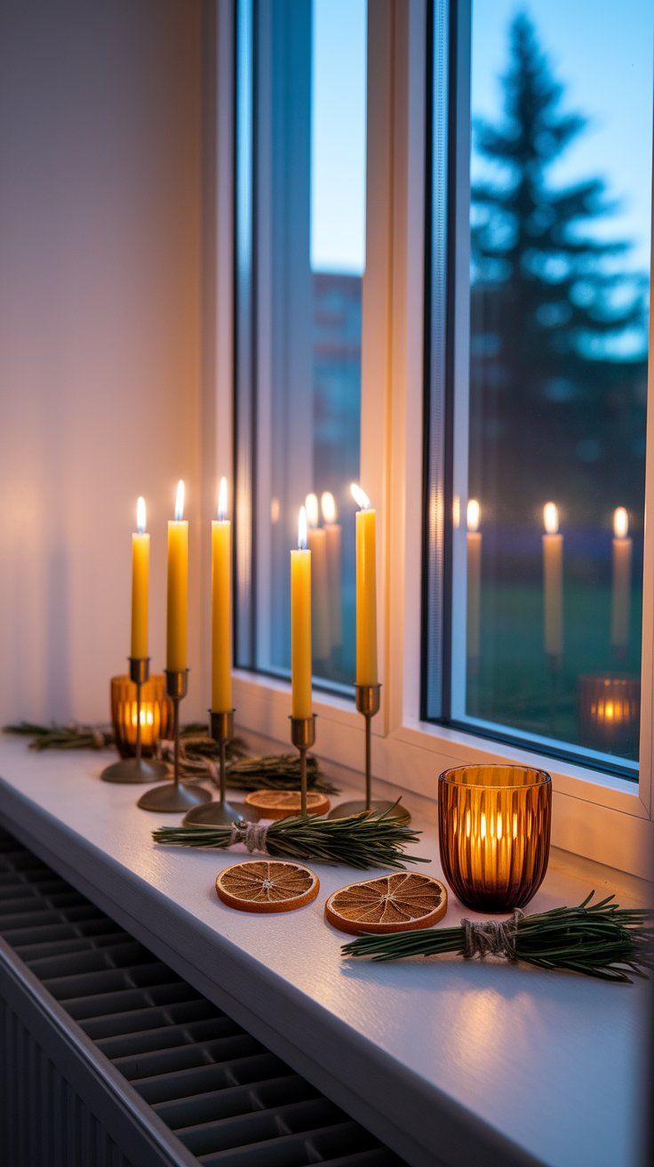 Candle-lit window ledge with amber glass and dried botanicals for warm fall ambiance