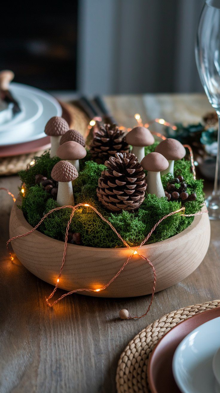 Mossy fall centerpiece with woodland mushrooms and natural textures for rustic table decor