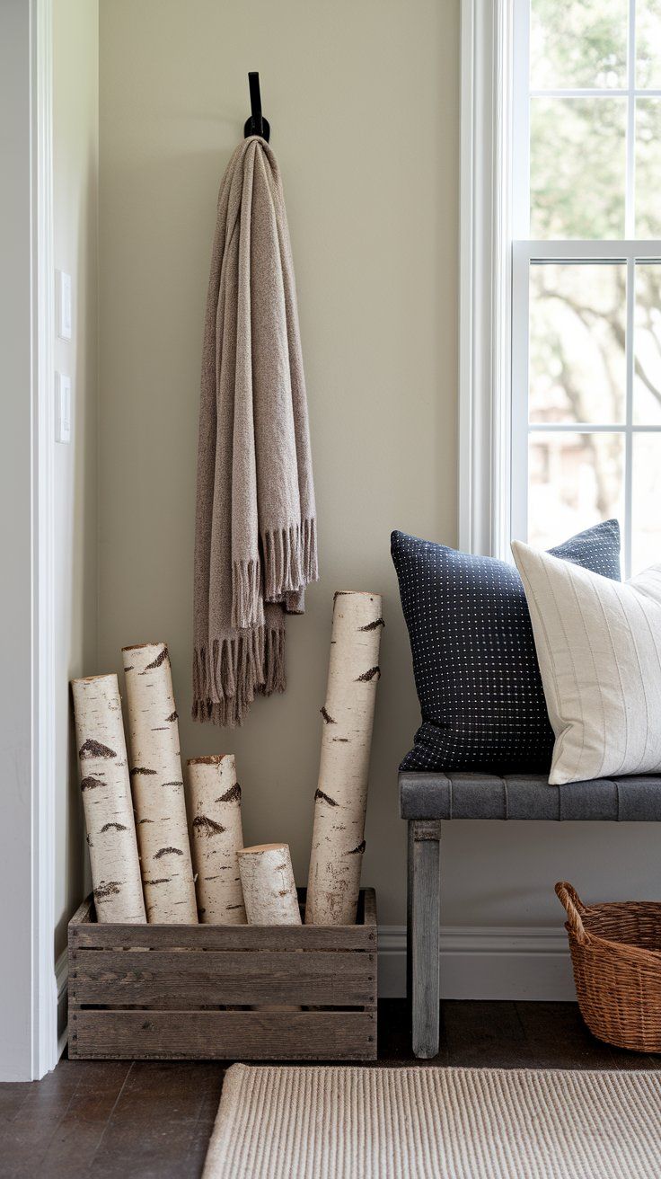 Decorative firewood stack with painted log ends for rustic fall cabin-inspired interior