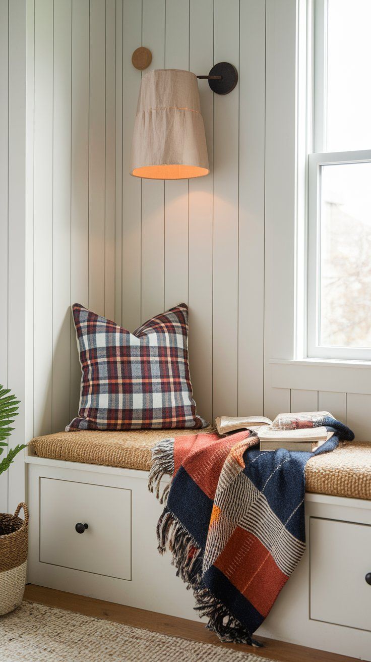 Reimagined rustic textiles with flannel and grain sack accents for cozy fall home decor