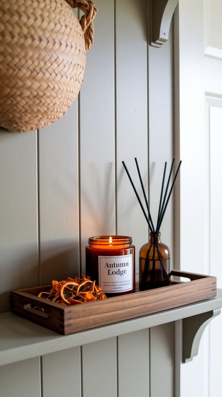 Rustic scent station with potpourri and amber candle for cozy fall cabin atmosphere