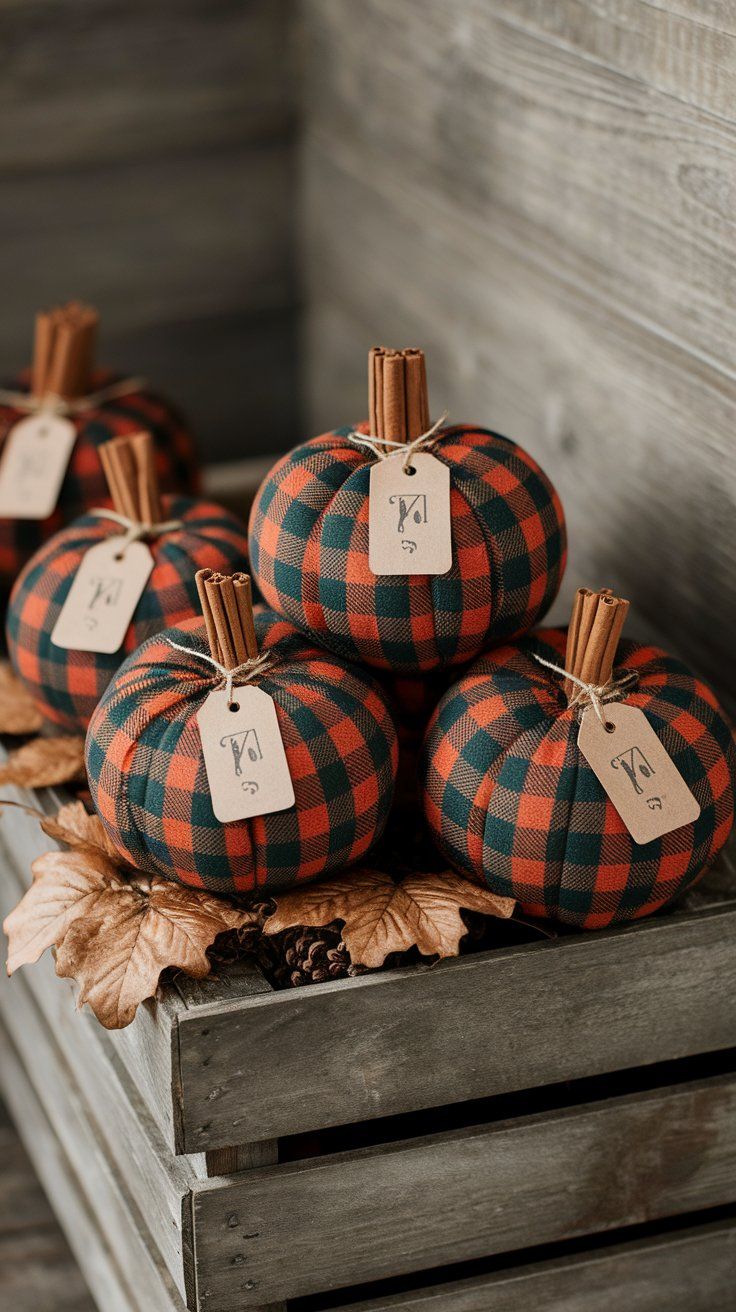 DIY flannel-wrapped pumpkins with cinnamon stems for handmade rustic fall decor