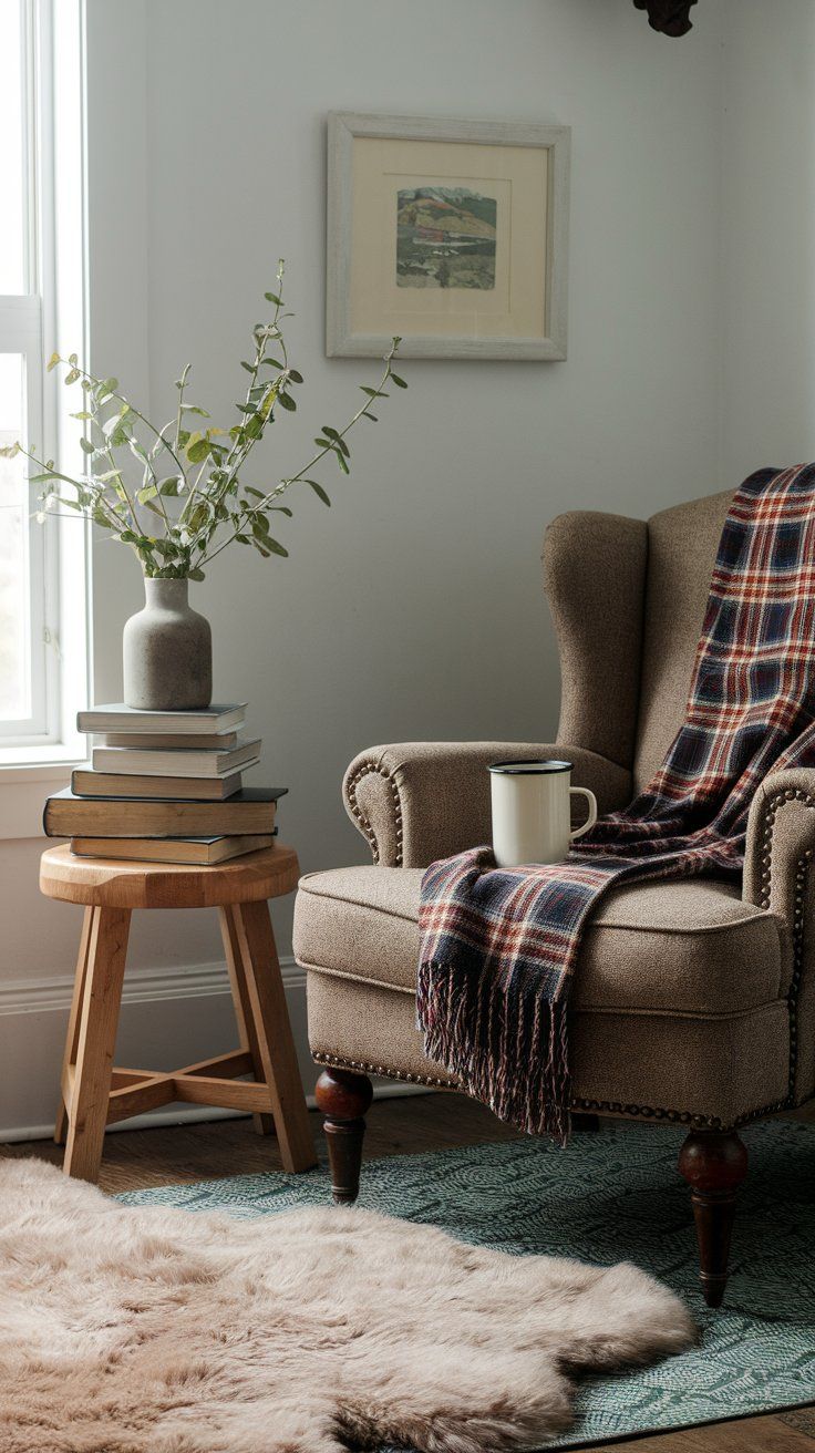 Cozy fall reading corner with flannel throws and warm drinks for cabin-style relaxation
