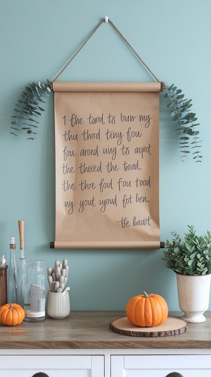 Butcher paper scroll wall art with seasonal quote for creative rustic fall decor