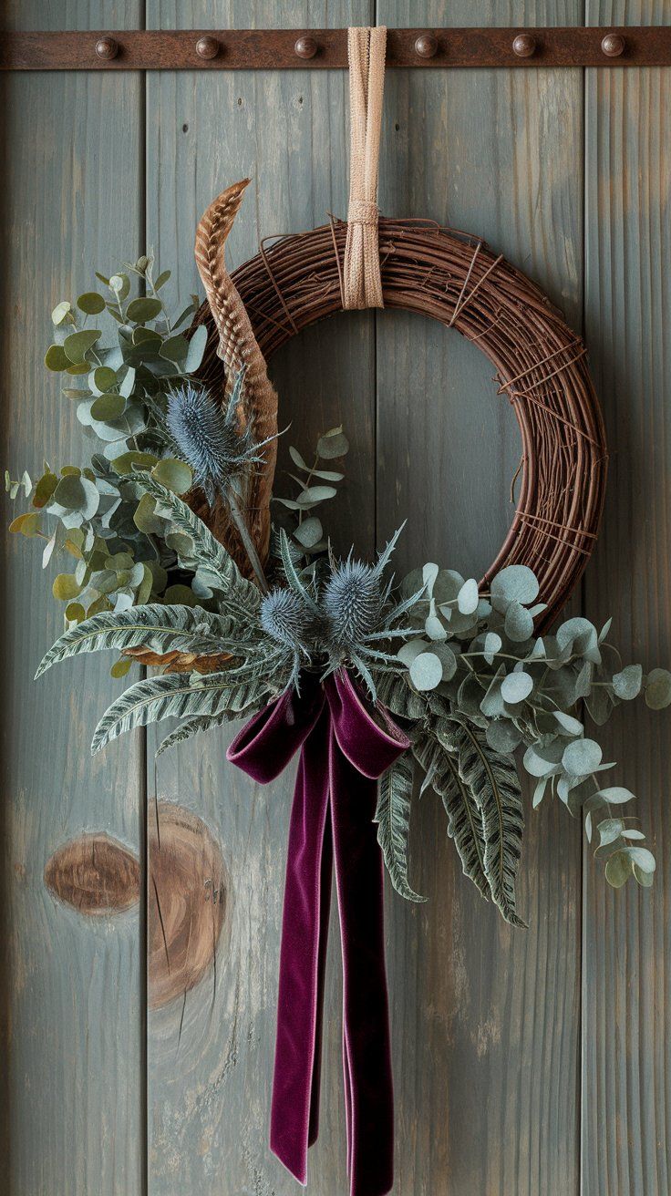 Moody fall wreath with wild textures and natural elements for cabin-inspired entryway