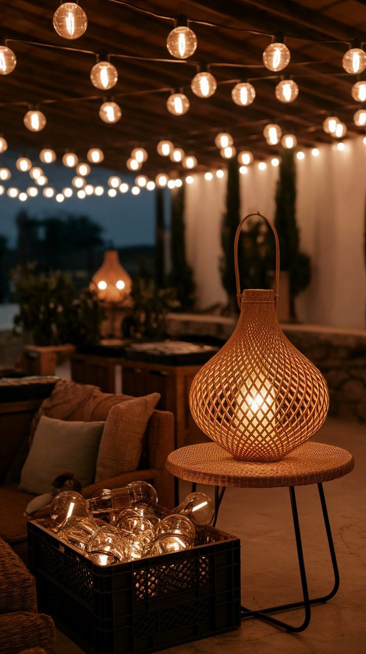 Layered rustic lighting with rattan lamps and string lights for warm fall cabin ambiance