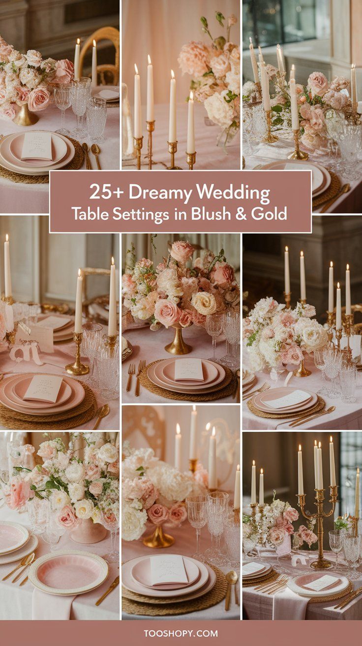 Collage of elegant wedding table settings in blush and gold tones, featuring soft pink plates, gold flatware, woven chargers, and ornate crystal glassware. Centerpieces include lush floral arrangements in gold vases with roses, peonies, and hydrangeas, accented by tall taper candles in brass holders. Text overlay reads “25+ Dreamy Wedding Table Settings in Blush & Gold” with source noted as tooshopy.com.