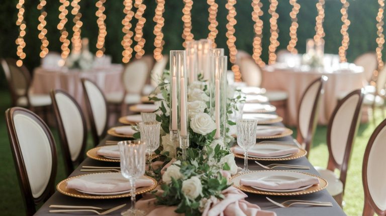 Elegant wedding table setting featuring gold-rimmed chargers, pale pink napkins, crystal glassware, and tall glass candle holders with white taper candles. A lush centerpiece of white roses and greenery runs down the center, with a soft backdrop of bokeh string lights and blush-draped round tables in the background.