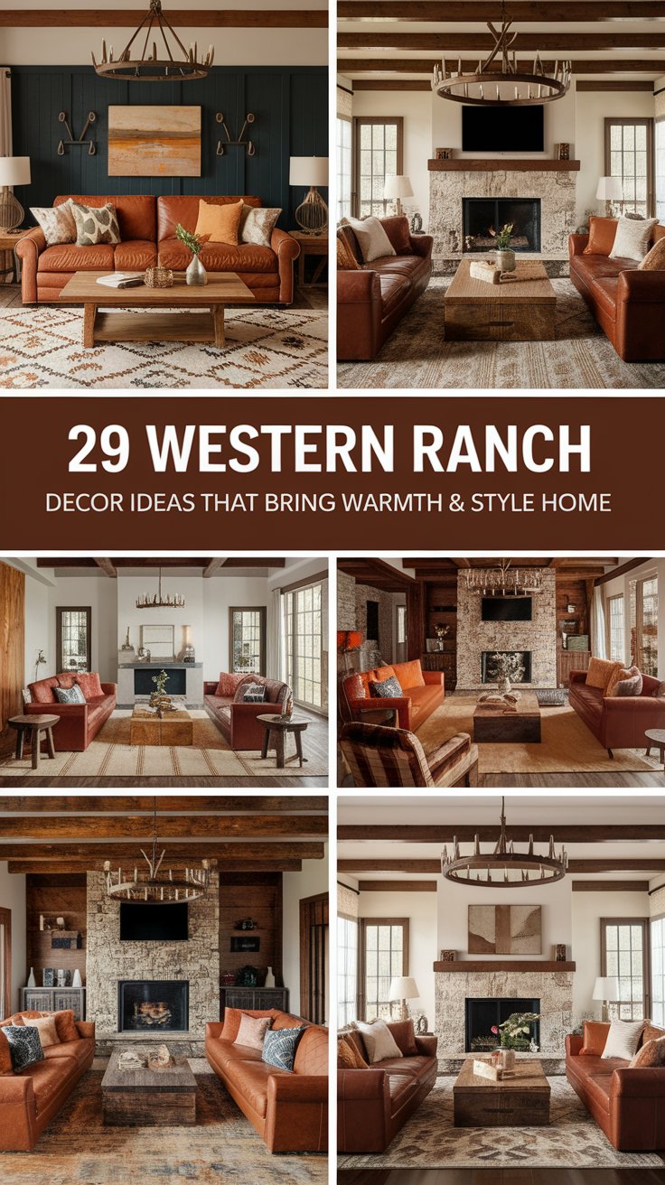 Collage of six cozy western ranch-style living room designs, each featuring warm-toned leather sofas, rustic wood beams, and stone fireplaces. Text in the center reads, “29 Western Ranch Decor Ideas That Bring Warmth & Style Home.” Each room highlights a balance of earthy textures, patterned rugs, and classic lodge-inspired lighting like antler or wagon wheel chandeliers.