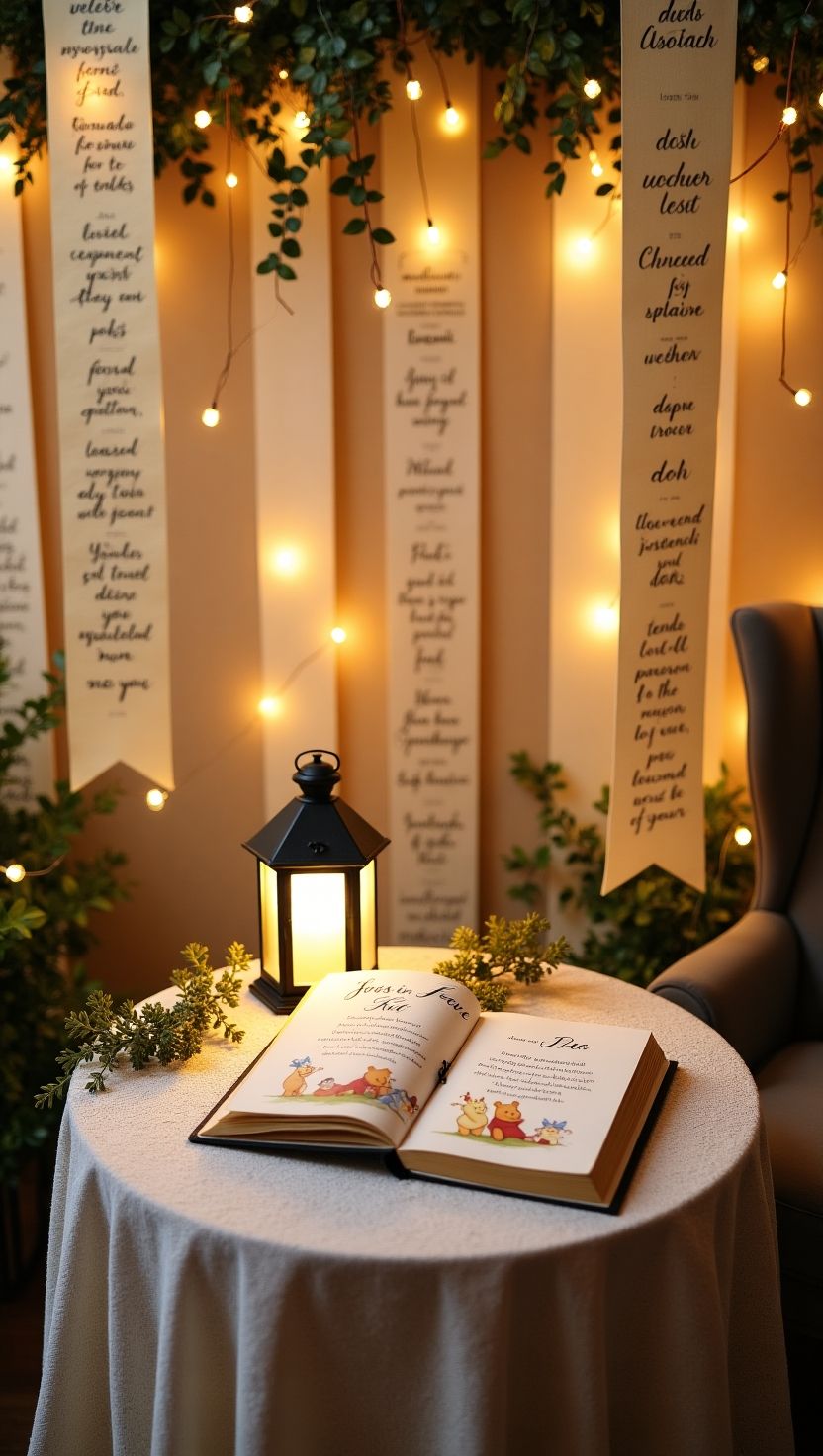 Round table with a glowing lantern, open guest book with Winnie the Pooh illustrations, and romantic greenery, surrounded by twinkle lights and quote banners for a cozy baby shower setting.