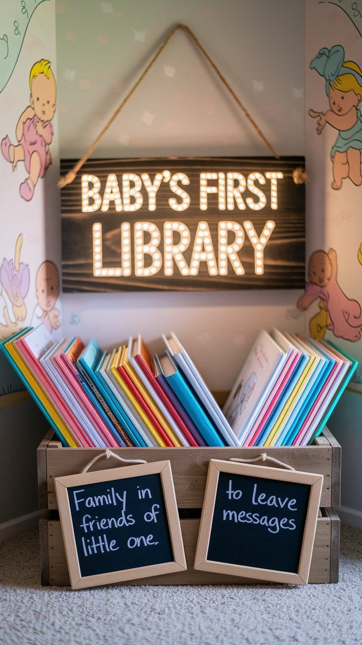 Wooden crate filled with colorful children's books under a light-up sign reading "Baby’s First Library," with chalkboard signs inviting family to leave messages.
