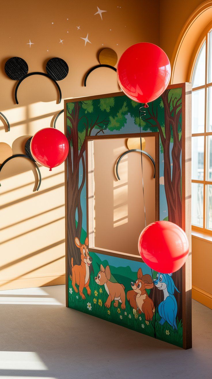 Woodland-themed photo booth frame painted with Bambi and friends, red balloons attached, and Mickey Mouse ears on the wall for a playful baby shower activity setup.