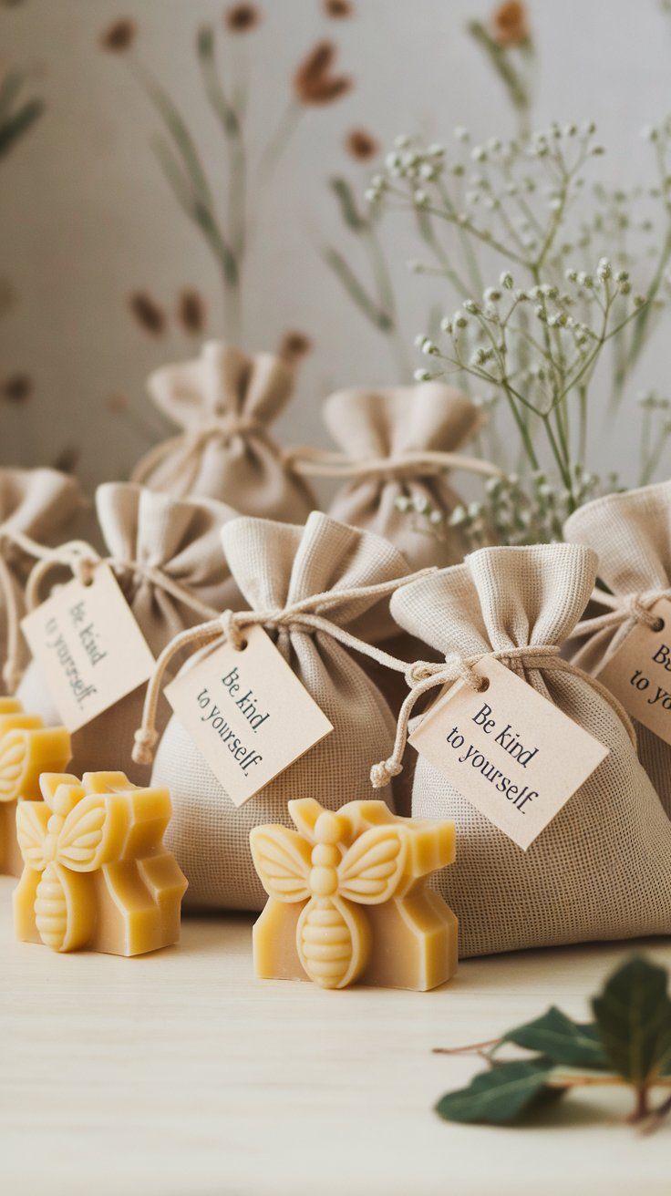 Set of fabric gift bags with tags reading "Be kind to yourself" accompanied by handmade beeswax soaps shaped like honeybees, ideal for Winnie the Pooh baby shower favors.