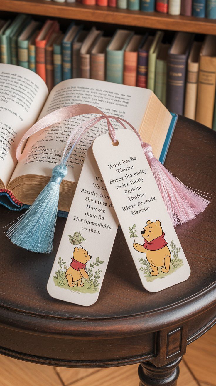 Pair of Winnie the Pooh bookmarks with pastel tassels placed on an open book, featuring Pooh quotes and floral illustrations, perfect for baby shower favors.