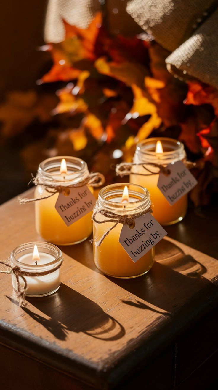 Small mason jar candles labeled "Thanks for buzzing by," styled with twine and soft lighting for a warm Winnie the Pooh baby shower favor display.