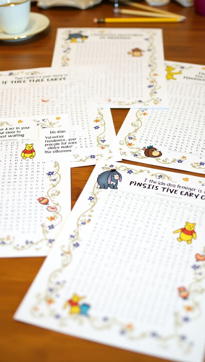 Close-up of Winnie the Pooh-themed baby shower word search games with character illustrations and floral borders, laid out on a wooden table.