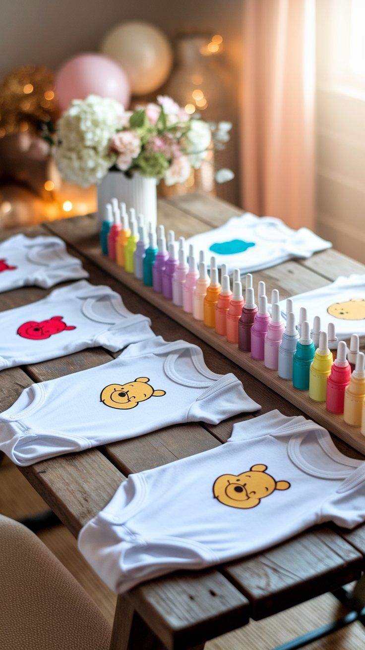 Wooden table set up for a DIY baby onesie painting station with rainbow-colored fabric paints and white onesies featuring Winnie the Pooh faces.