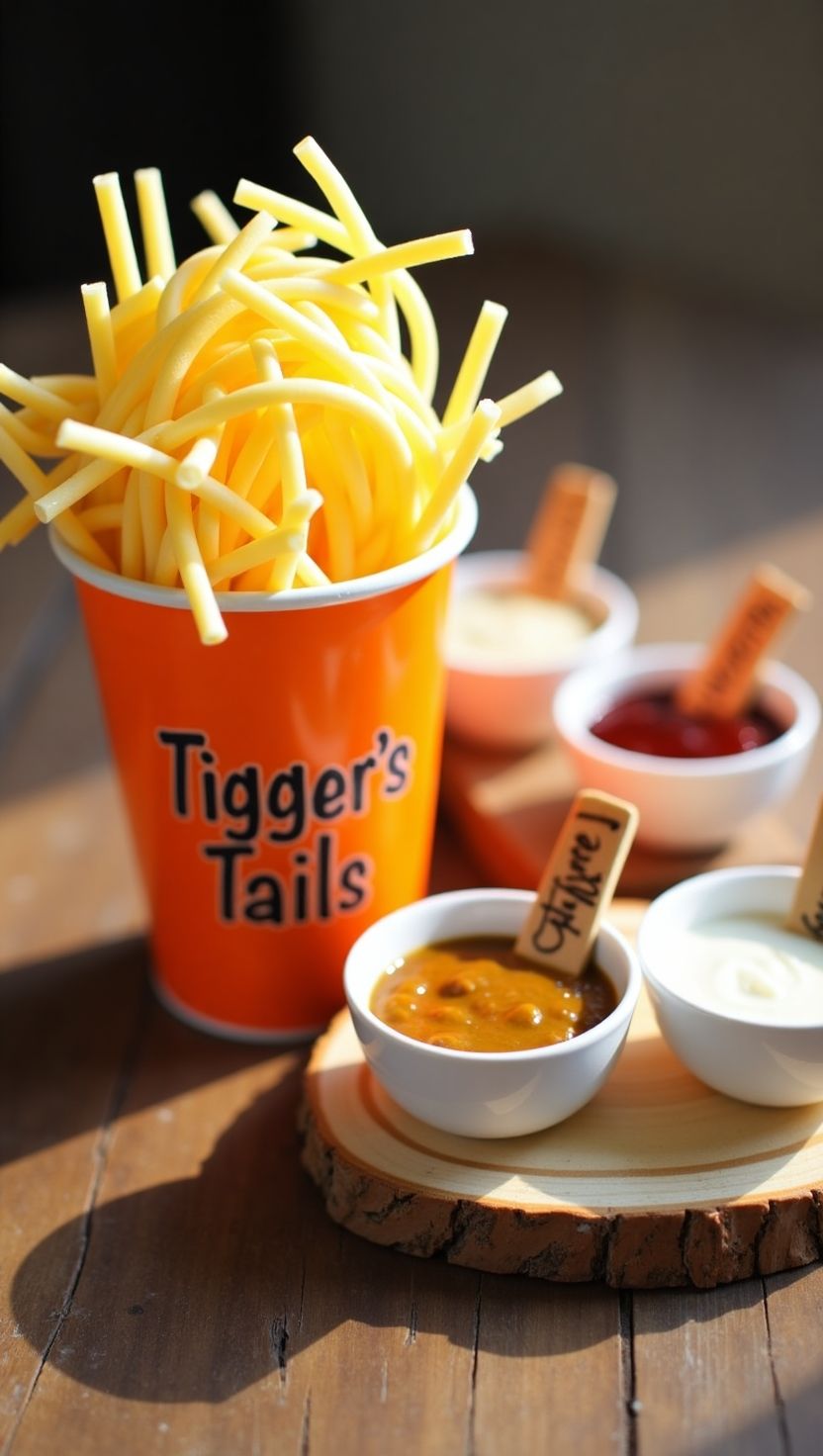 A cup labeled “Tigger’s Tails” filled with long yellow cheese sticks, next to an assortment of dipping sauces in white bowls with playful handwritten labels.