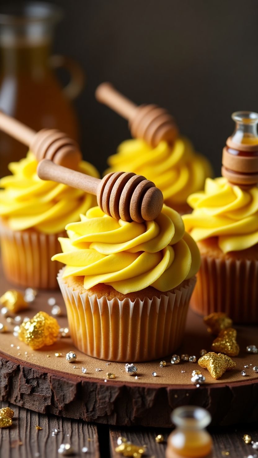 Golden yellow cupcakes topped with swirls of honey-colored frosting and mini honey dippers, styled with gold candy and wooden rounds. A sweet and thematic dessert idea for a Winnie the Pooh baby shower.