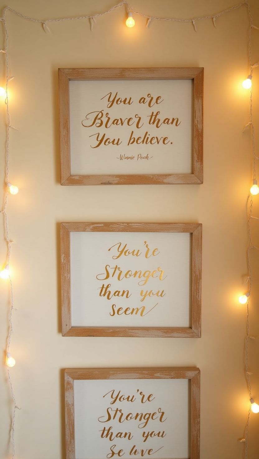 Trio of framed quotes in gold lettering from Winnie the Pooh, including “You are Braver than You believe” and “You’re Stronger than you Seem,” hung on a softly lit wall. An inspirational decor touch for a Winnie the Pooh baby shower.