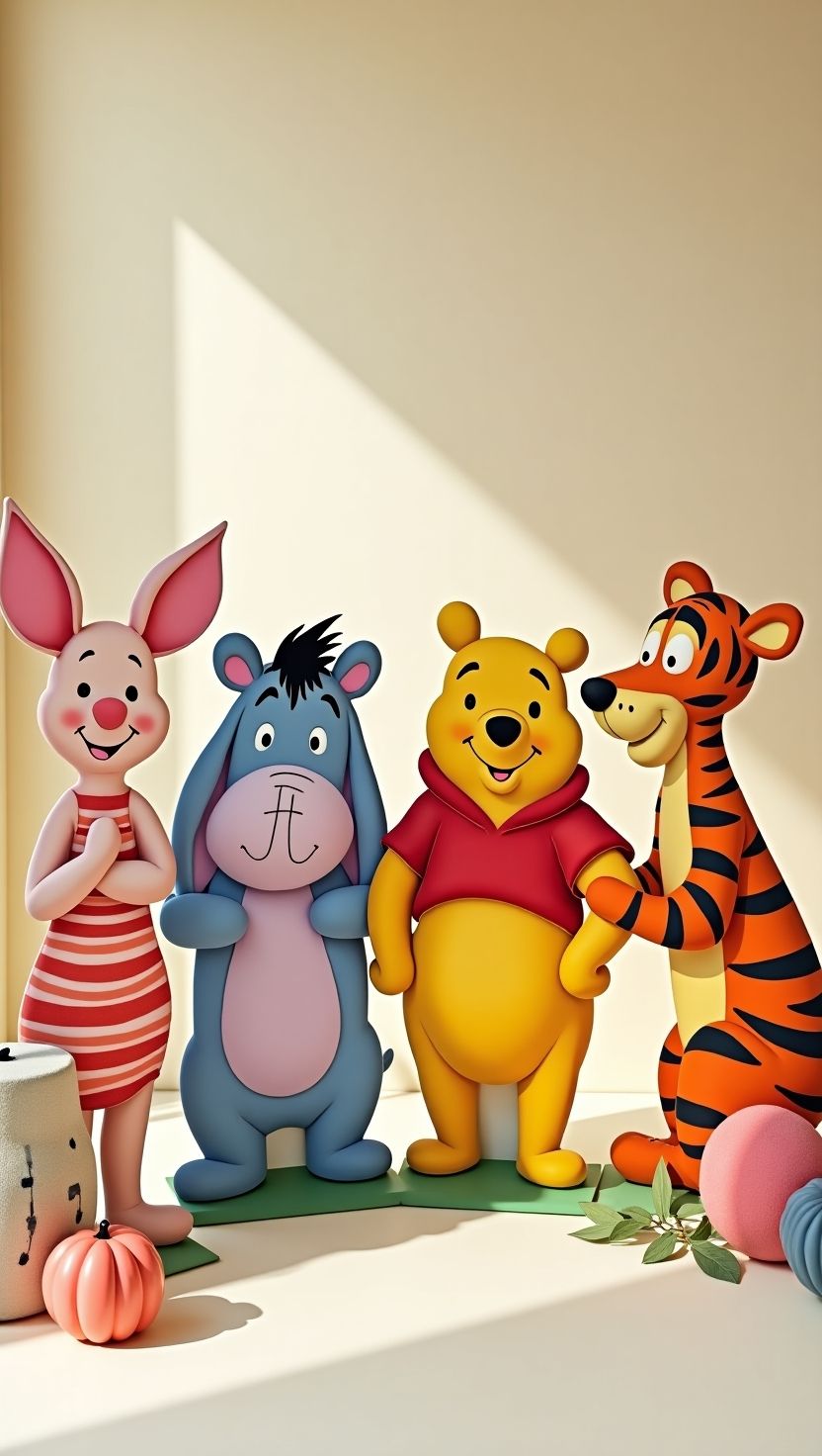 Life-size cutouts of Winnie the Pooh characters—Piglet, Eeyore, Pooh, and Tigger—posing together against a softly lit beige wall with pumpkins and greenery. A whimsical photo opportunity for a Winnie the Pooh baby shower.