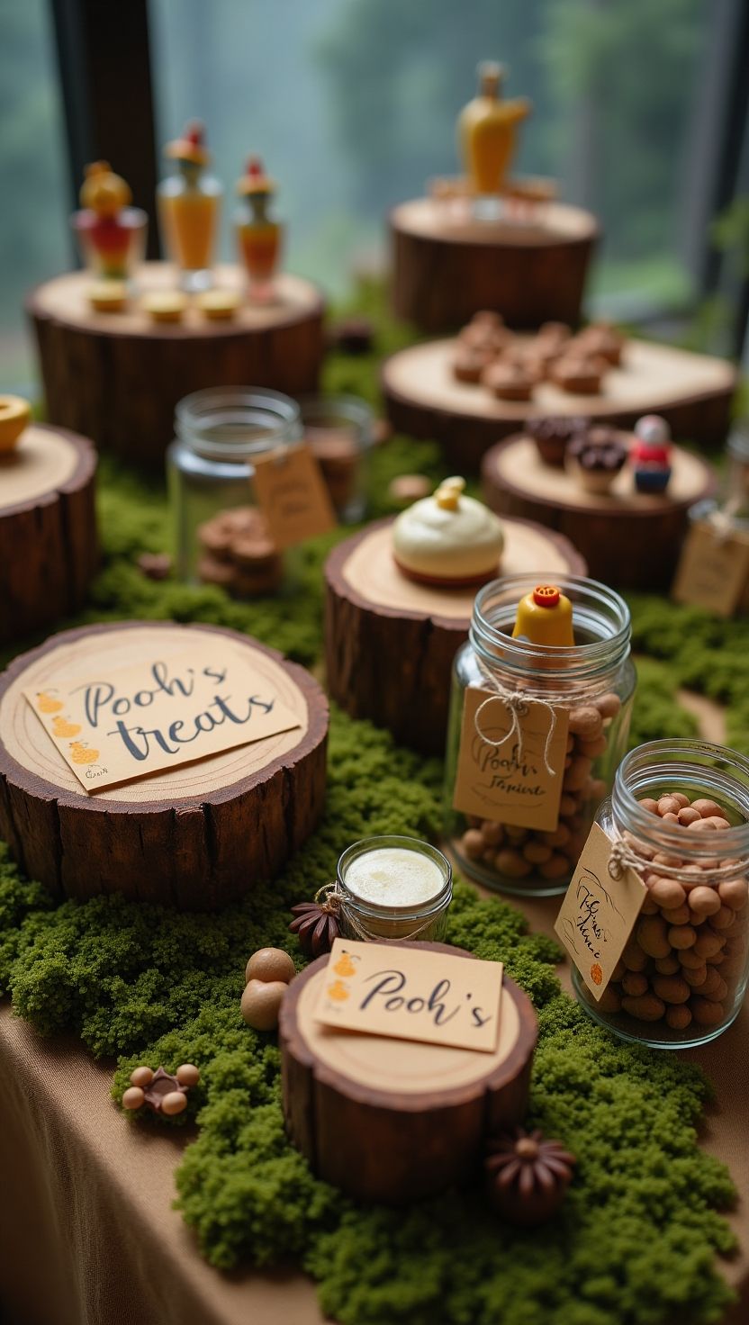 Woodland-themed dessert table labeled “Pooh’s Treats,” featuring jars, cupcakes, and honey-inspired goodies displayed on moss and wood slices. A creative and rustic food setup for a Winnie the Pooh baby shower.