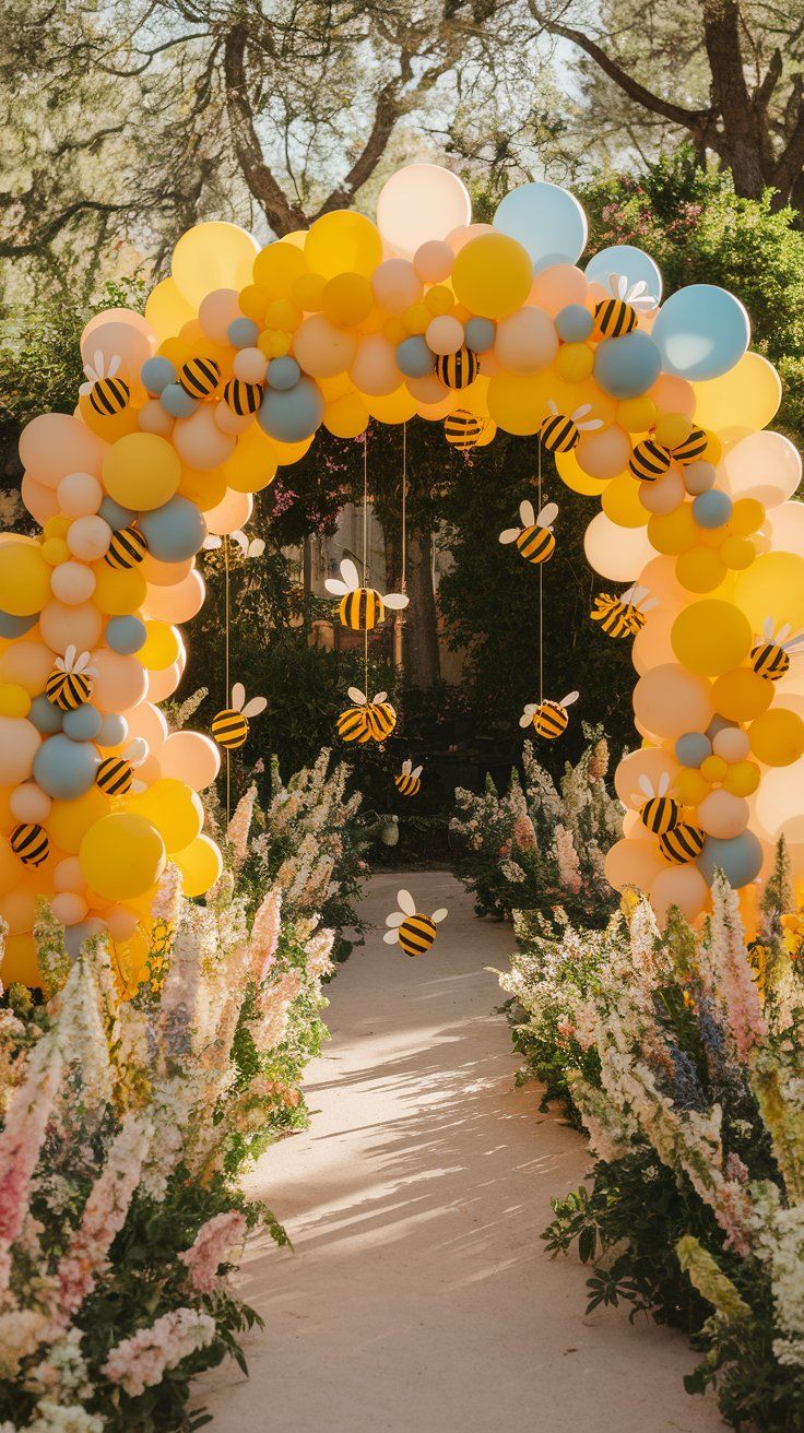 Balloon arch in yellow, peach, and blue hues, decorated with hanging bumblebee cutouts and surrounded by floral pathways. A playful and vibrant decor idea for a Winnie the Pooh baby shower celebration.