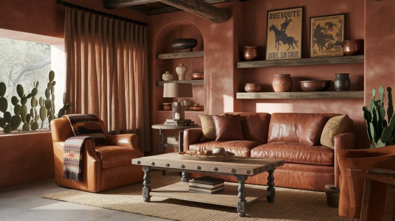 Warm, rustic southwestern living room with terracotta walls, leather sofa and armchair, and built-in shelves displaying clay pottery and Western art prints. A wooden coffee table with metal studs sits atop a woven rug, while cacti line the sunlit window ledge, adding natural desert charm.